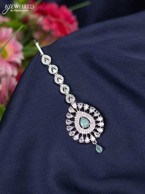 Zircon maang tikka with mint green & cz stones and hanging
