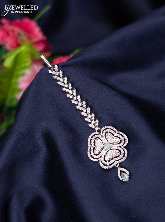 Zircon maang tikka with mint green & cz stones and hanging