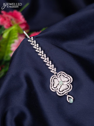 Zircon maang tikka with mint green & cz stones and hanging