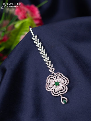 Zircon maang tikka with emerald & cz stones and hanging