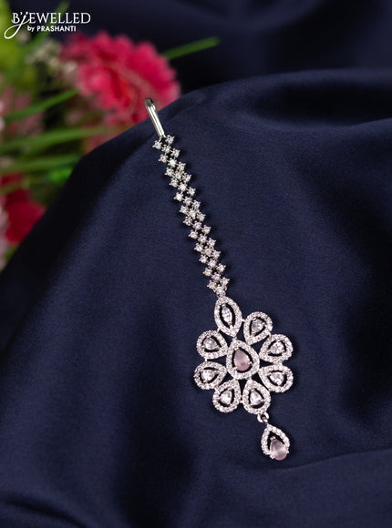 Zircon maang tikka with baby pink & cz stones and hanging