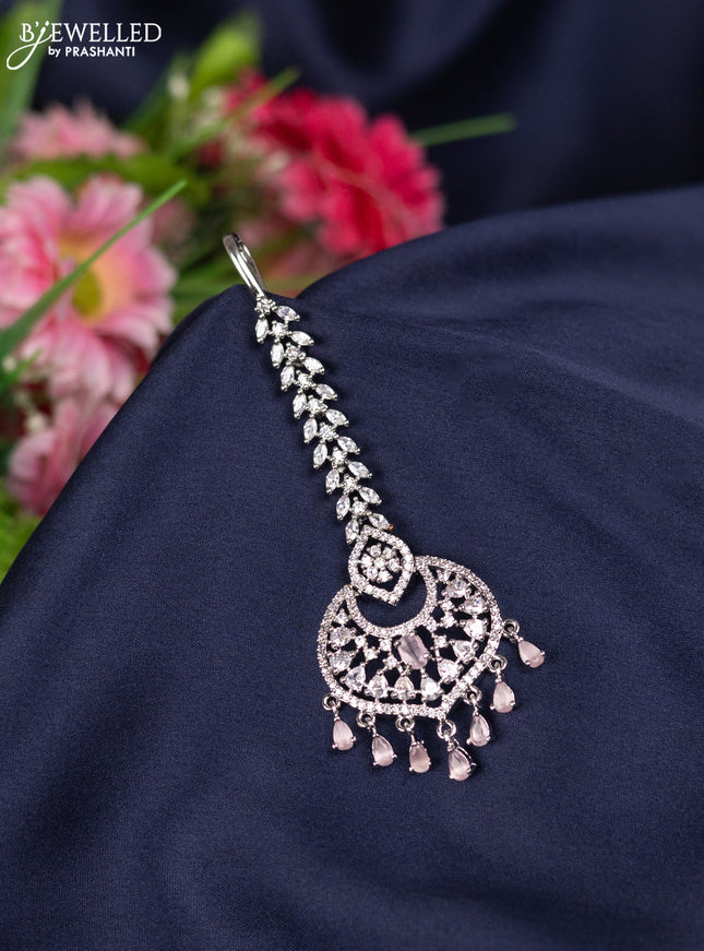 Zircon maang tikka with baby pink & cz stones and hangings