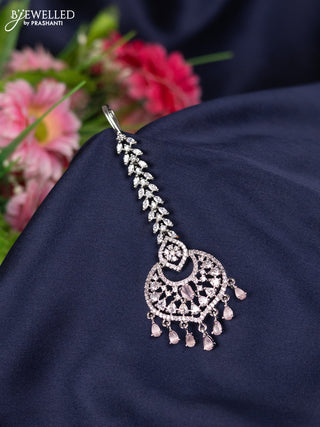 Zircon maang tikka with baby pink & cz stones and hangings