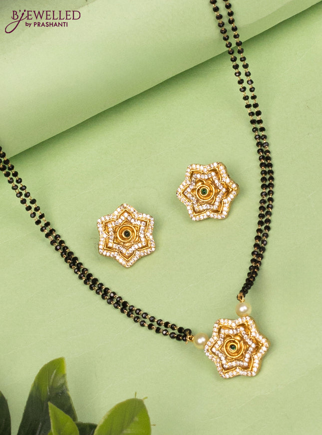 Mangalsutra double layer floral design with emerald and cz stones pendant