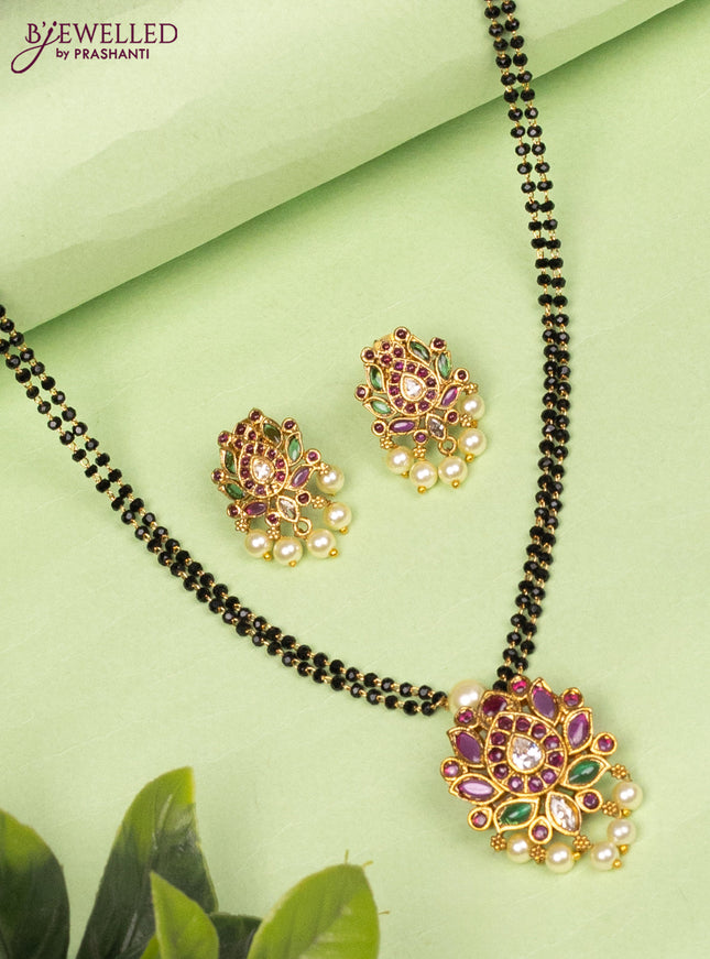 Mangalsutra double layer floral design with kemp & cz stones pendant and pearl hangings