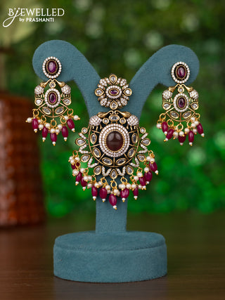 Pendant elephant design with ruby & cz stones and beads hanging in victorian finish