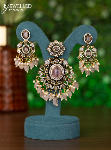 Pendant elephant design with baby pink & cz stones and beads hanging in victorian finish