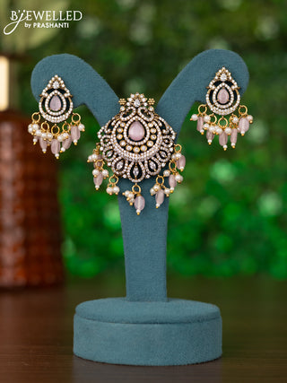 Pendant with baby pink & cz stones and beads hanging in victorian finish