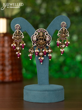 Pendant lakshmi design with ruby & cz stones and beads hanging in victorian finish