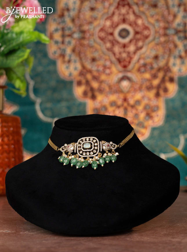 Victorian finish choker elephant design with kemp & cz stones and beads hanging