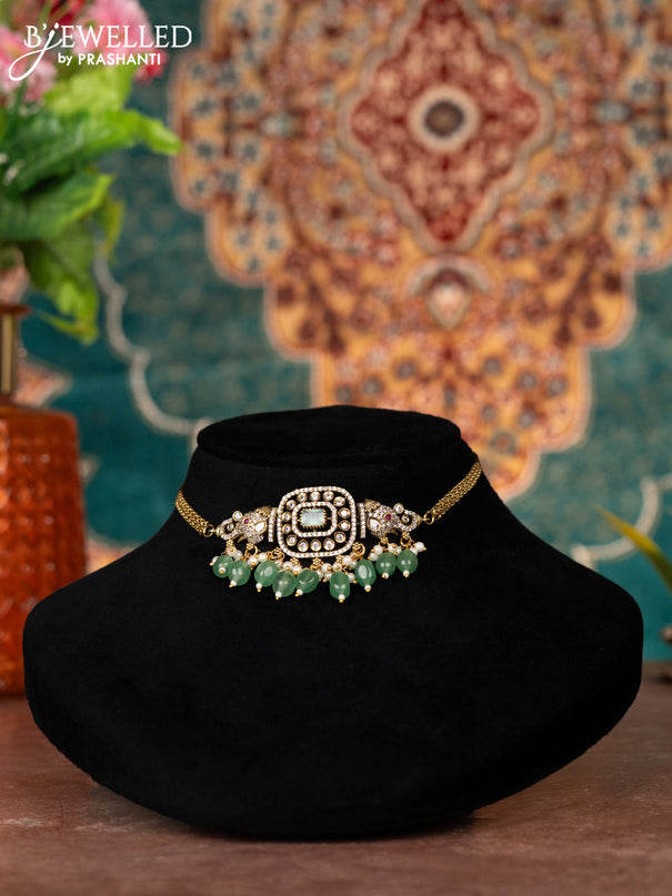 Victorian finish choker elephant design with kemp & cz stones and beads hanging