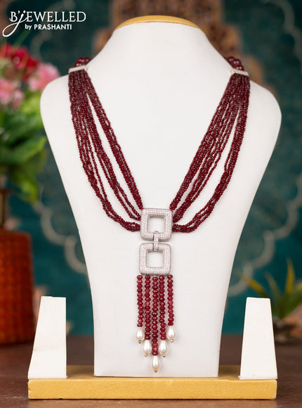Jaipur multilayer crystal beaded maroon necklace with cz stone pendant and pearl hangings without earrings