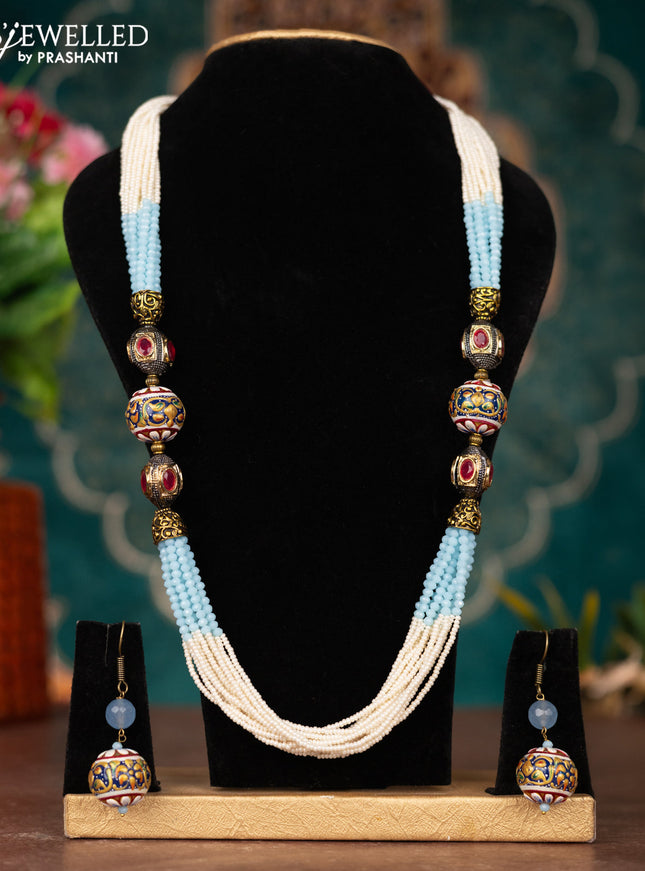 Jaipur multilayer crystal beaded light blue necklace with minakari balls