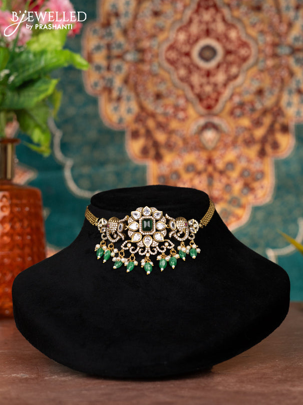 Victorian finish choker elephant design with kemp & cz stones and green beads hanging