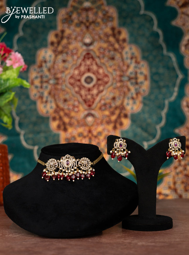 Victorian finish choker elephant design with ruby & cz stones and beads hanging
