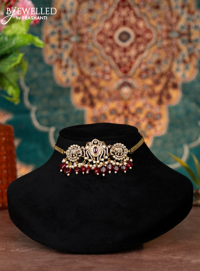 Victorian finish choker elephant design with ruby & cz stones and beads hanging