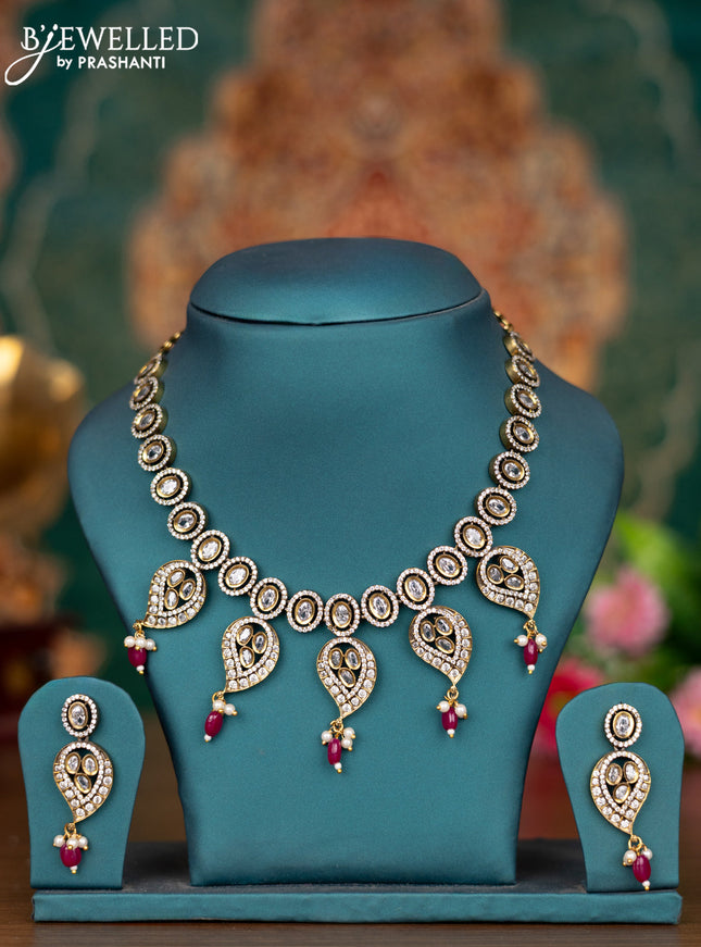 Victorian finish necklace maanga design with cz stones and pink beads hanging