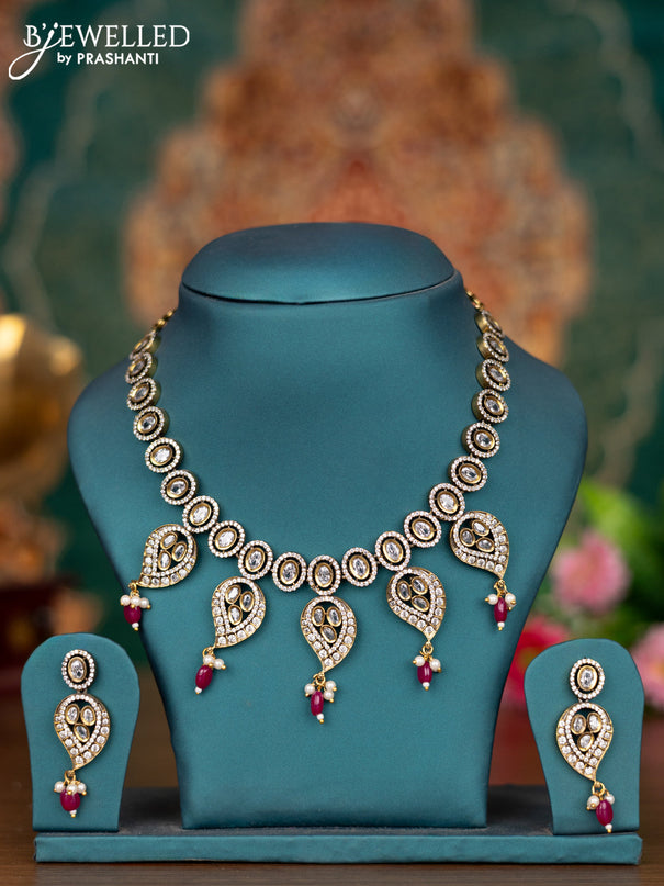 Victorian finish necklace maanga design with cz stones and pink beads hanging
