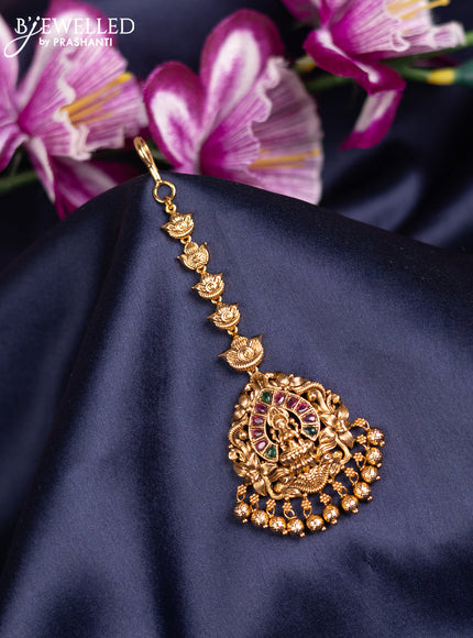 Antique maang tikka lakshmi design with kemp stones and golden beads hanging