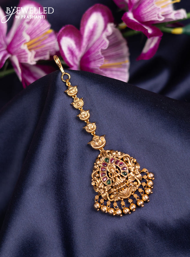 Antique maang tikka lakshmi design with kemp stones and golden beads hanging