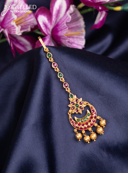 Antique maang tikka chandbali design with kemp stones and golden beads hanging