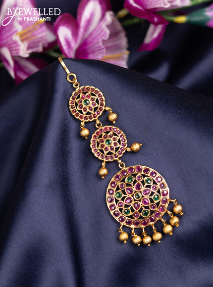 Antique maang tikka floral design with kemp stones and golden beads hanging