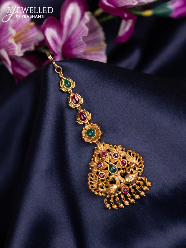 Antique maang tikka peackck design with kemp stones and golden beads hanging
