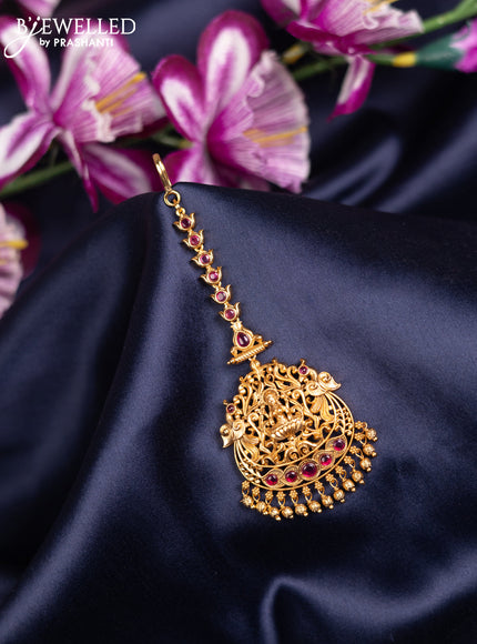 Antique maang tikka lakshmi design with pink kemp stones and golden beads hanging