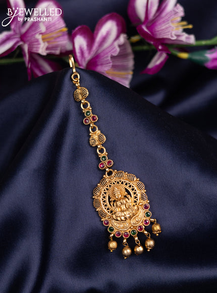 Antique maang tikka lakshmi design with kemp stones and golden beads hanging