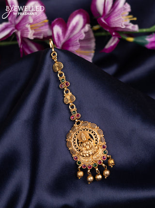 Antique maang tikka lakshmi design with kemp stones and golden beads hanging