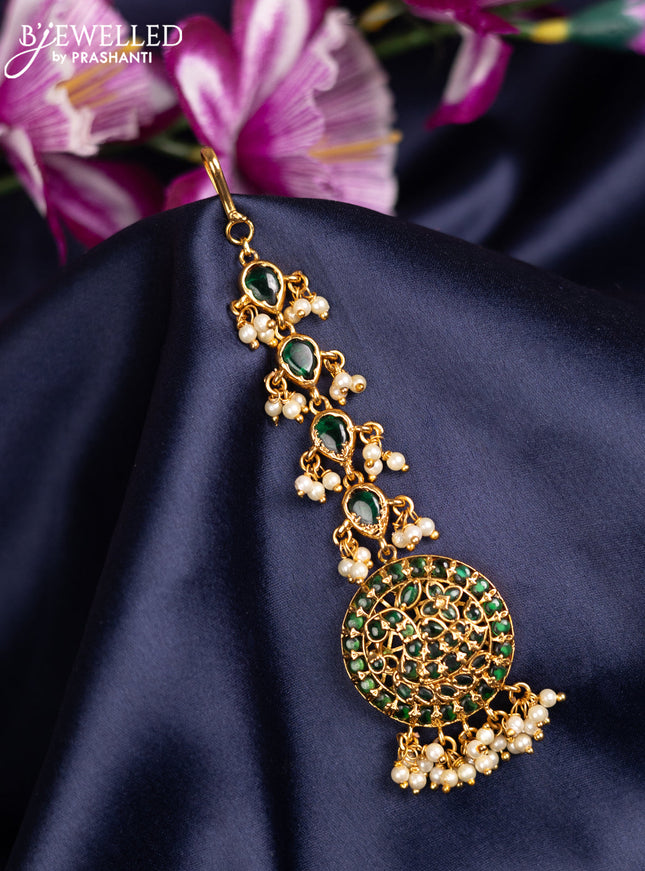 Antique maang tikka peacock design with emerald stones and pearl hangings