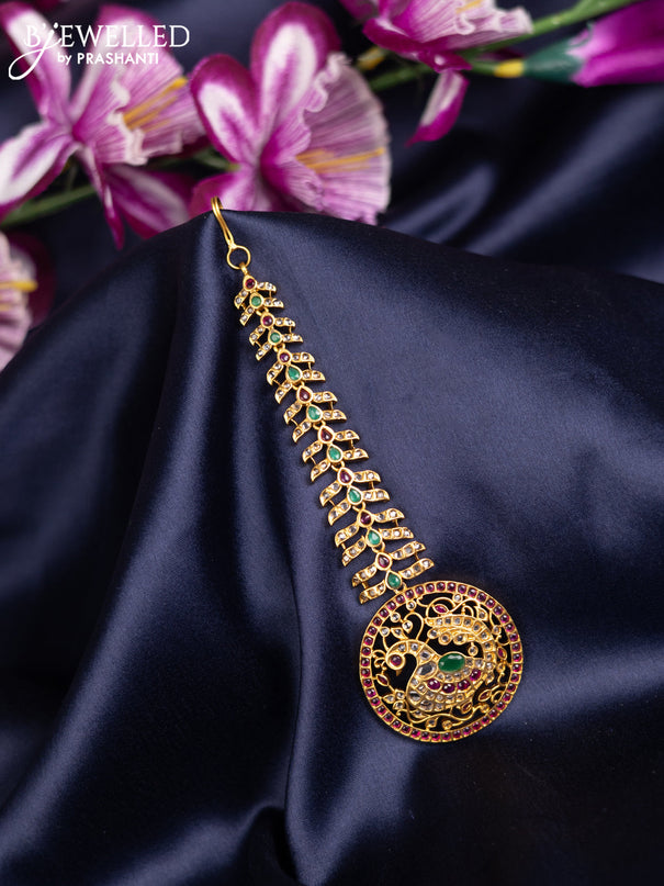 Antique maang tikka peacock design with kemp stones