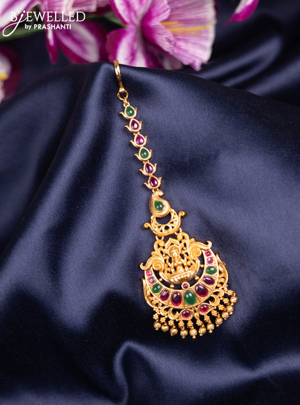 Antique maang tikka lakshmi design with kemp stones and golden beads hanging
