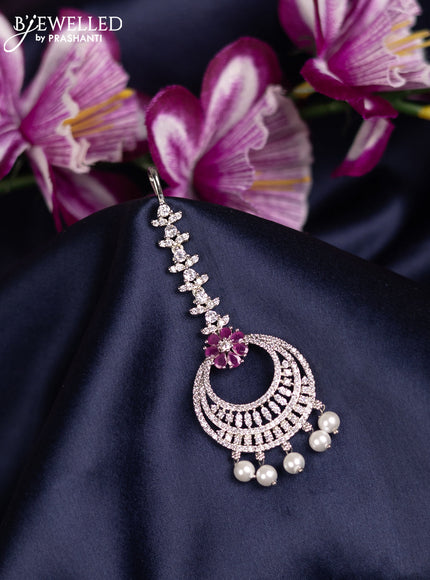 Zircon maang tikka with ruby & cz stones and pearl hanings