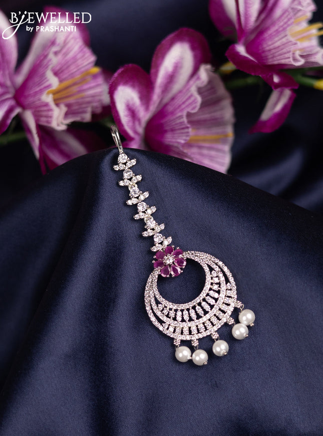 Zircon maang tikka with ruby & cz stones and pearl hanings