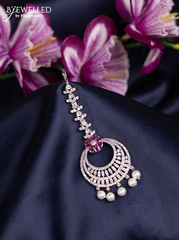 Zircon maang tikka with ruby & cz stones and pearl hanings