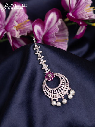 Zircon maang tikka with ruby & cz stones and pearl hanings