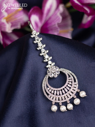 Zircon maang tikka with cz stones and pearl hanings