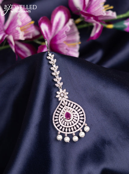 Zircon maang tikka with ruby & cz stones and pearl hanings