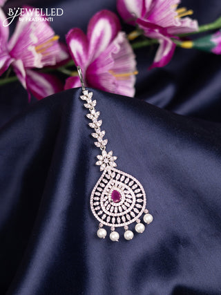 Zircon maang tikka with ruby & cz stones and pearl hanings