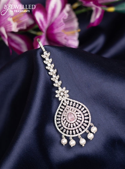 Zircon maang tikka with baby pink & cz stones and pearl hanings
