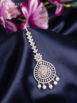Zircon maang tikka with baby pink & cz stones and pearl hanings