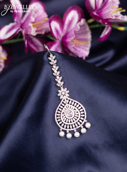 Zircon maang tikka with cz stones and pearl hanings