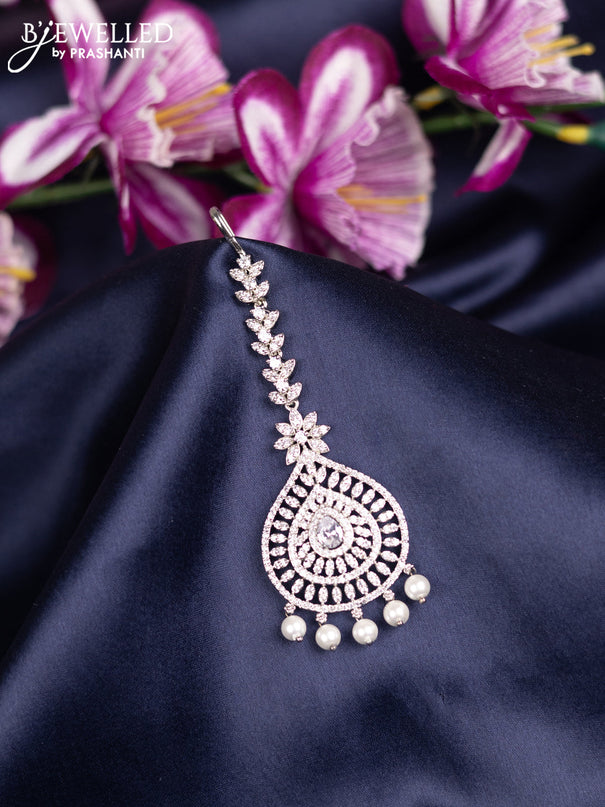 Zircon maang tikka with cz stones and pearl hanings