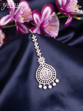 Zircon maang tikka with cz stones and pearl hanings