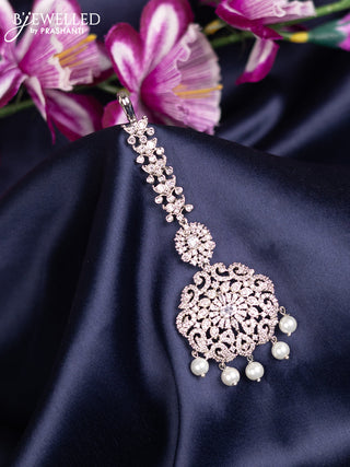 Zircon maang tikka with cz stones and pearl hanings