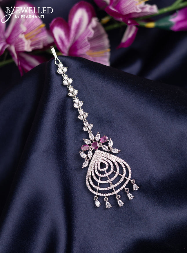 Zircon maang tikka with ruby & cz stones and hanings