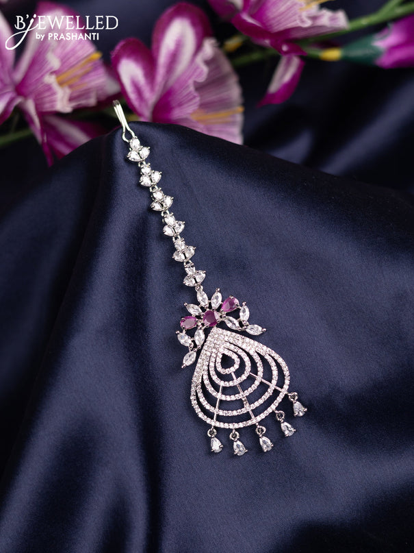 Zircon maang tikka with ruby & cz stones and hanings