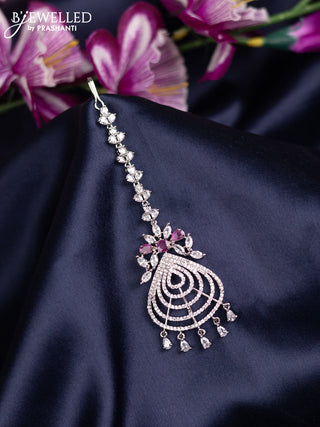 Zircon maang tikka with ruby & cz stones and hanings