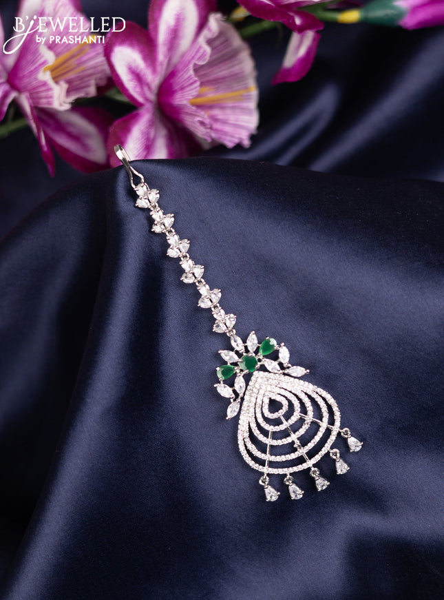 Zircon maang tikka with emerald & cz stones and hanings